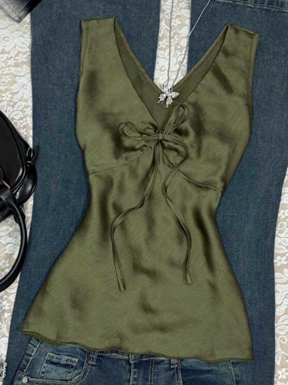 SHEIN Olive Green Satin Tie-Front V-Neck Tank